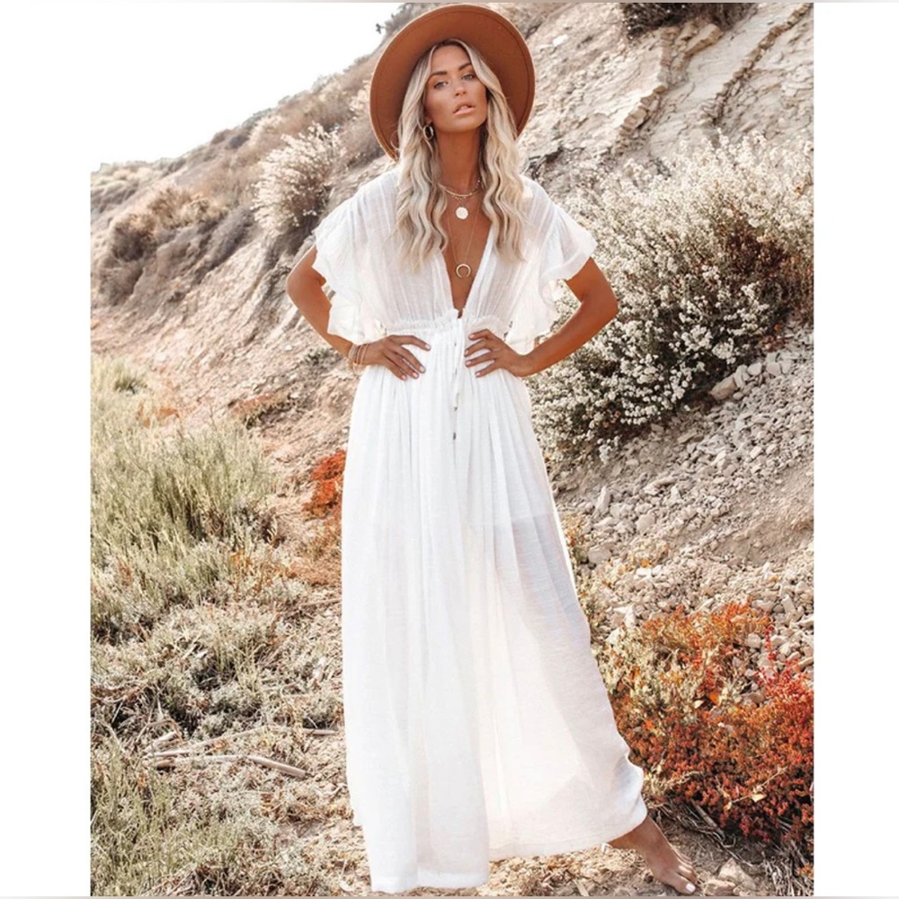 Elegant Amelia Beach Dress Swimsuit Cover-Up in White Oversized OSFM - Picture 8 of 12